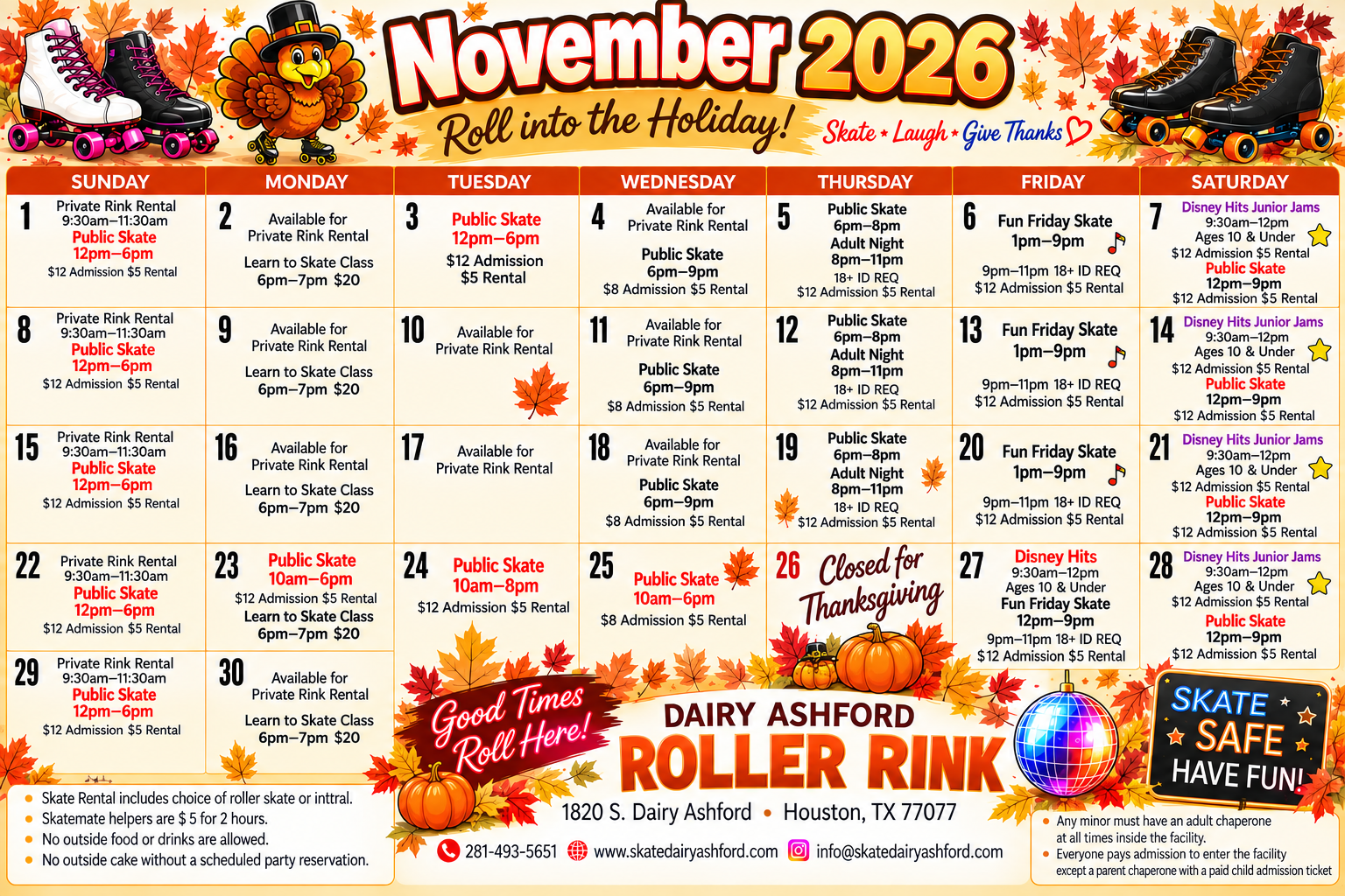 November 2026 Autumn Roller Rink Calendar